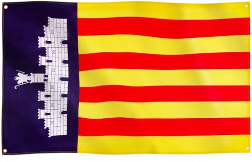 Runesol Bandera de Mallorca, 91x152cm, 3ft x 5ft, 4 Ojales, Ojal en Cada Esquina, Bandera Regional Española, Bandera Mallorquina, Majorca, Banderas Premium, Interior, Exterior, Colores Vivos