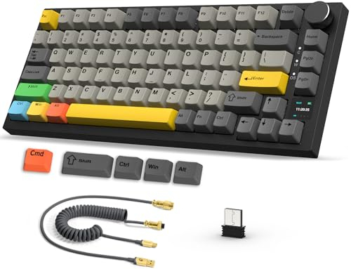 AJAZZ AK820PRO 75% TKL kabellose mechanische Gaming-Tastatur mit spiralförmigem USB-C-Kabel,2,4 G/BT5.1/USB-C verkabelt,81 Tasten mit TFT-Farbdisplay&CNC-Knopf,RGB-Beleuchtung,4000mAh–Schwarz Grau
