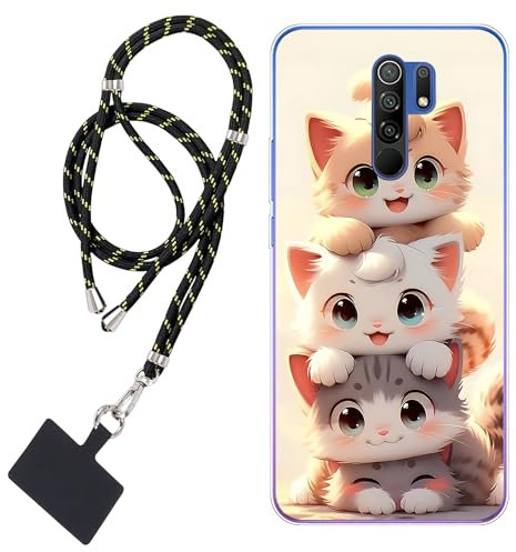WUACYEAMING Coque pour Xiaomi Redmi 9,Transparent Doux TPU Silicone Étui pour téléphone Portable Étui Flexible Mignon Chats+1*Universelle Cordon Telephone Portable