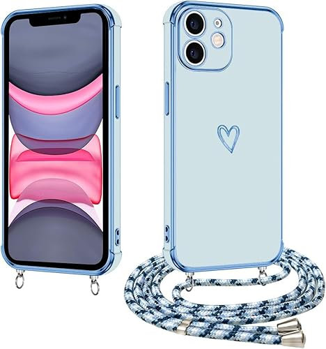 E-Lush Handyhülle für iPhone 11 Hülle mit Band, Handy Hülle für iPhone 11 Herz Muster Galvanik Silikon Schutzhülle mit Kette Stossfest Case mit Kordel zum Umhängen Kameraschutz Cover, Blau