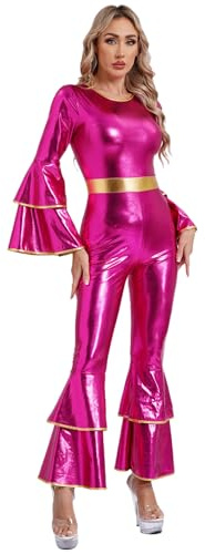 Fldy Damen 60er 70er Jahre Disco Kleidung Hippie Outfit Glitzer Overall Metallic Hose Mit Schlag Party Halloween Faschingskostüme Hot Pink S