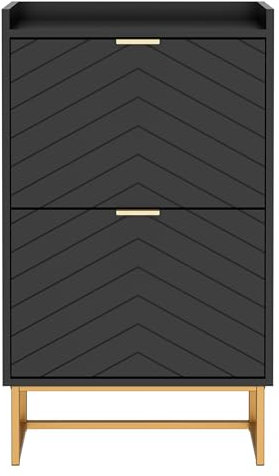UEV Schuhschrank mit 2 Klappen, 49,5x24,2x91cm,Schuhkipper Schmal,Schuhkommode Flur Wohnzimmer Eingang,Schuhaufbewahrung mit Kippschutz,Trennwände verstellbar für Verschiedene Schuhtypen schwarz