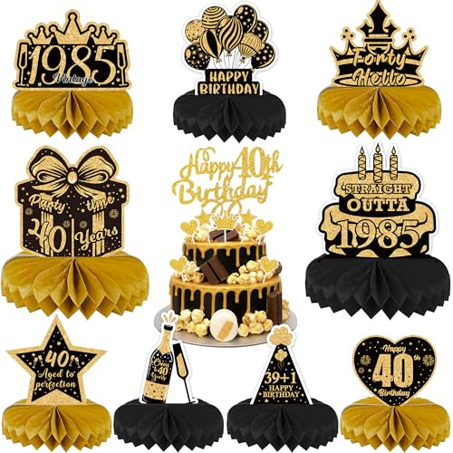 40th Birthday Table Decorations for Men - Black and Gold Party Supplies Honeycomb Centerpieces Cake Toppers for Women, 17 Pieces Cheers to 40 Years Vintage 1985 Decor Happy 40th Birthday
