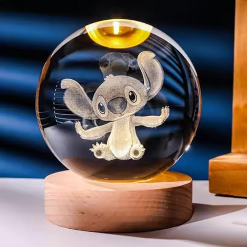 Générique Lampe 3D Stitch avec Base en Bois – Boule de Cristal avec Lumière Nocturne LED pour Dormir – Idéale pour Table de Nuit – Cadeau pour Filles et Fans de Lilo & Stitch - Décor de chambre
