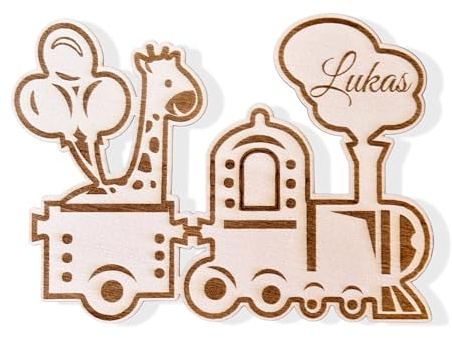 NordicDeern, Namensschild aus Holz für Babys und Kinder, Zug mit Giraffe Kinderzimmer, Holz Tiere Dekoration Baby mit Name Geschenk zur Geburt, Babyzimmer Junge Mädchen (Zug)