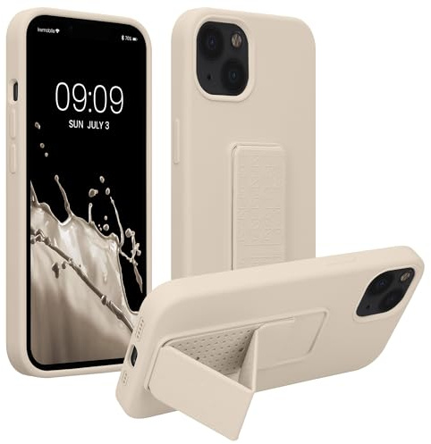 kwmobile Case for Apple iPhone 13 Case - Soft TPU Cover with Silicone Coating - With Hand Strap and Stand Function - Shockproof - Cream