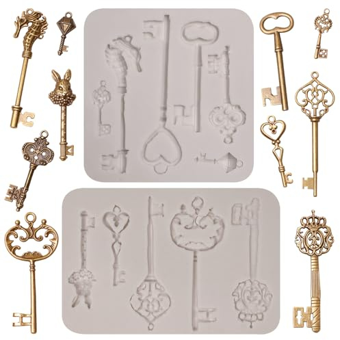 2-teiliges Set mit Silikon-Schlüsselformen im Retro-Steampunk-Stil | Herzförmige Schlüssel und andere Motive, geeignet zum Verzieren von Kuchen, Cupcakes und Modelliermasse
