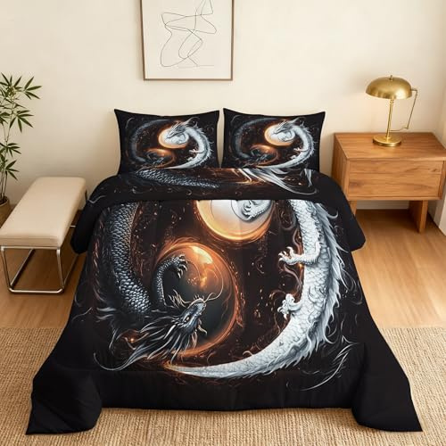 Generisch Drachen Bettdecke 200x200 4 Jahreszeiten, Ohne Bezug, 2 Kissenbezüge 80x80, Yin Yang Japanische Motiv Wende Steppdecke, Schlafzimmer Deko, Geschenke, Superweich - S&E882