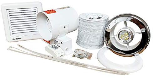 Swiftair SL100TWC 3w MR16 LED Light - 100m3/hr Inline Shower Bathroom Extractor Fan with PVC ducting and Fixed Grille