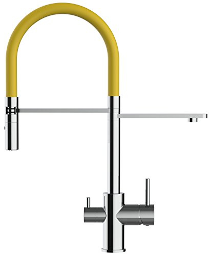 VIZIO 3 Wege Wasserfilter Chrom Küchenarmatur mit gelb 2strahl Handbrause/Profi/Restaurant/Haus Wasserhahn für alle gaengigen filtersysteme geeignet / 360° schwenkbarem Auslauf