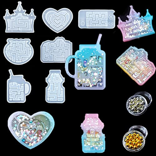 iSuperb 7 piezas Moldes Resina Epoxi Molde Laberinto Molde shaker Molde Silicona Quicksand Resin Molds con 60 Cuentas para DIY Manualidades (7 Moldes + 60 Cuentas)