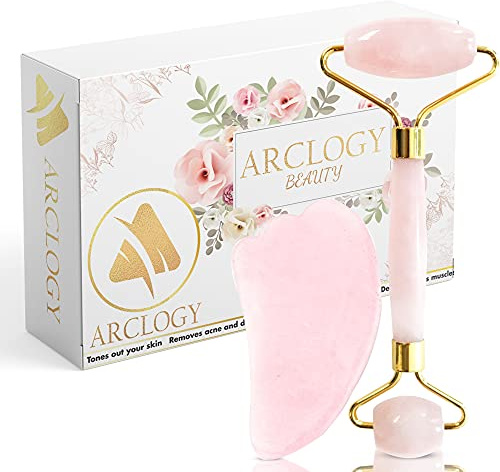 Jade & Rose Quartz Face Massager Set - Jade Roller, Gua Sha Stone for Women - Pink