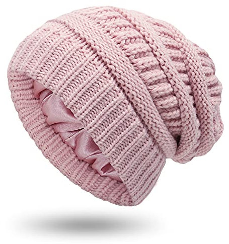 Bonnet d'hiver doublé de satin pour femme avec doublure en soie épaisse et motif tête de mort, Large - Rose, Taille unique