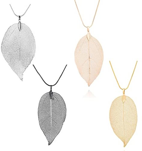 4 Stück Collier mit Blatt Schmuck, Baum-Blatt Anhänger, Halskette mit Blatt Anhänger in Rosegold, Halskette mit Filigranem, Blatt Kette Halskette, Natürlichen Filigranen Blatt Anhänger Halskette