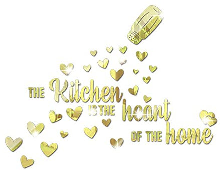 The Kitchen is The Heart of The Home Mirror Wall Sticker, Acrylic Kitchen Wall Decal, Peel and Stick Inspirational Quotes Decor Art Mural Saying for Family Dining Living Room (Gold)