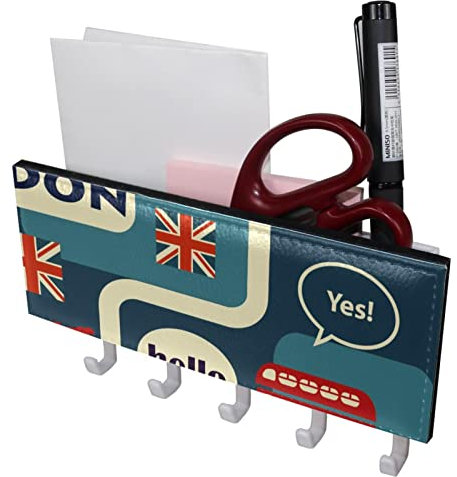 TBOUOBT Wandmontierter Schlüssel- und Posthalter, Schlüsselbrett mit 5 Schlüsselhaken, rustikale Heimdekoration für den Eingangsbereich,Cartoon Muster von London, England