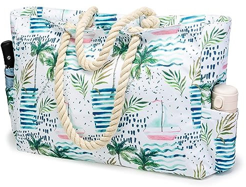 KUAK Beach Bag for Women, Extra Large Beach Bags Waterproof Sandproof Shoulder Tote Bag with Zipper Pockets for Family Travel Vacation Pool