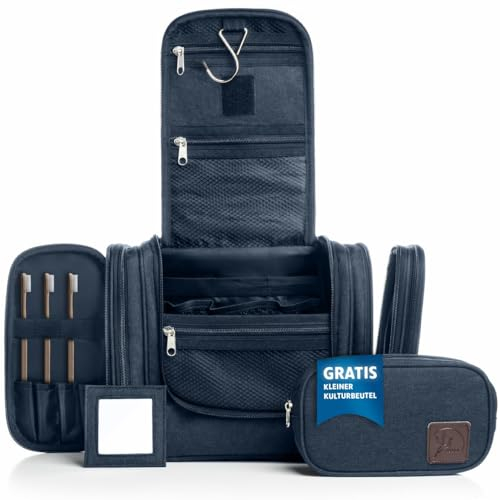 Obics® XXL Trousse de Toilette Voyage pour Femme et Homme 8L Bleu Grand - Sac à cosmétiques et de Lavage avec poignée de Suspension - Pochette-de-Toilette pour Le Camping avec Miroir 10 Compartiments