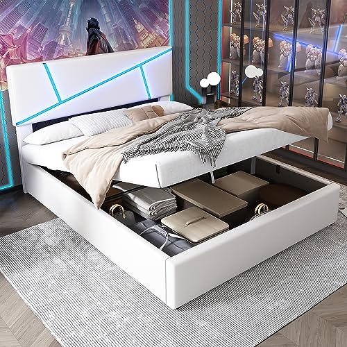 Tkopy Polsterbett 160x200, Doppelbett mit LED-Kopfteil, Bett mit Stauraum und Lattenrost, Hydraulisch Stauraumbett Rückenlehne Polsterbett Jugendbett Funktionsbett, ohne Matratze, Kunstleder Weiß