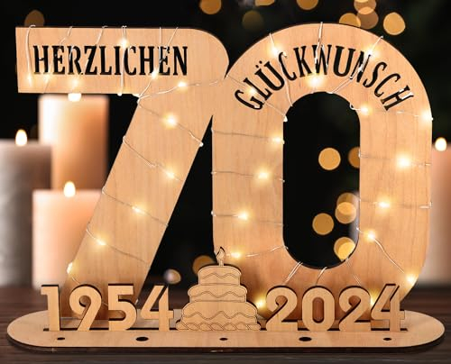 Giftota - 2024 Originelle 70 Geburtstag Geschenk Frauen & Männer - Geldgeschenke Geburtstag 70 mit LED Lichterkette Ständer - Holz-Schild Gästebuch - 70 Geburtstag Deko - Personalisierbares Geschenk