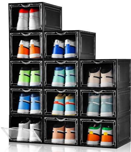 Clemate Schuh-Aufbewahrungsbox, Größe XL, 12 Stück, Schuhbox, transparenter Kunststoff, stapelbar, mit transparenter Tür, Schuh-Organizer für Sneaker-Display, passend für Größe 46, Schwarz