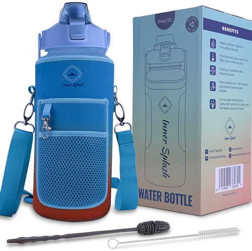 Inner Splash Gourde 2 L Sport graduée avec Paille, Bouteille d'eau Tritan sans BPA, Housse de Transport, Messages Motivants avec Marqueur de Temps pour Randonnée, Fitness,Gym | 2 brosses de Nettoyage