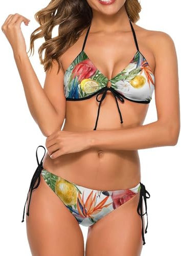 Melbrakin Monstera Parrot Damen-Bikini-Set, Badebekleidung, Dreieck-Badeanzug, Krawatte, Tanga