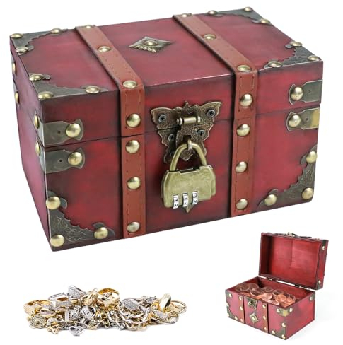 VicBou Coffre au trésor vintage en bois, Caisse au trésor en bois avec serrure, Rangement en Bois Petit Coffre, Tirelire Portable Cadeau Fait Main pour Stockage, Décoration (18 x 11 x 10cm)