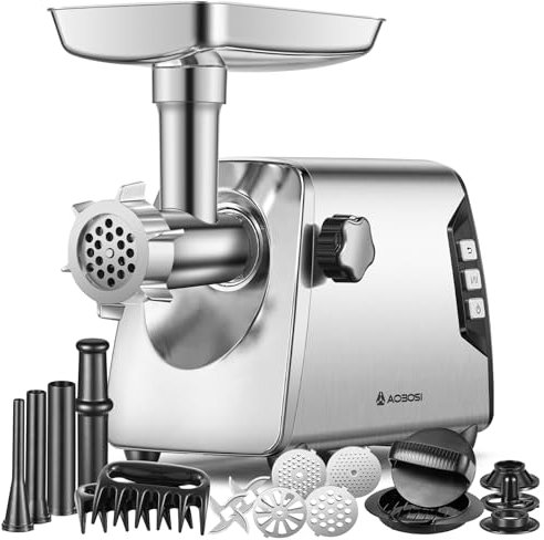 AAOBOSI Tritacarne #12, tritacarne elettrico a 3 velocità, carico pesante: 2 lame, 4 piastre, 3 riempitivi per salsicce, kibbe, clip per carne, pressa per hamburger (acciaio inox)