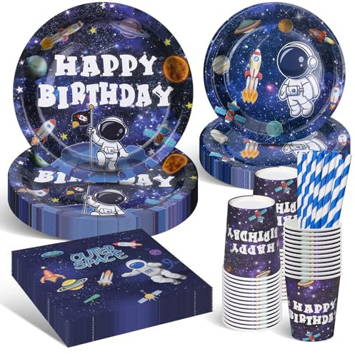 DANXIAN Ensemble de vaisselle de fête spatiale, décoration pour anniversaire d'enfant, assiettes de fête astronaute, vaisselle pour décoration d'anniversaire garçon et fille, 20 invités