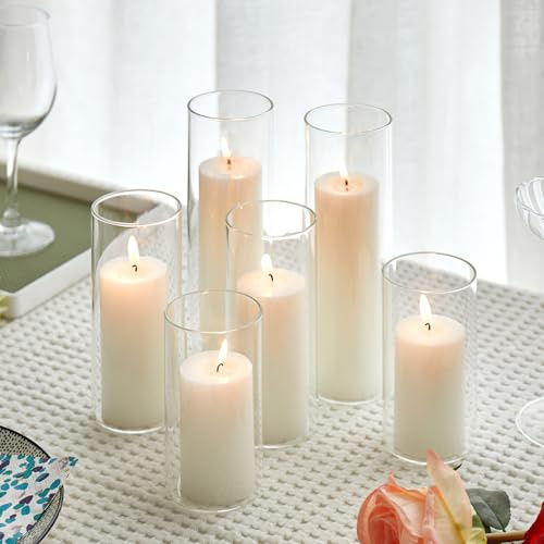 Set of 6 White Pillar Candles with Clear Glass Hurricane Holders- Elegant Cylinder Candle Vases for Weddings, Parties, Centerpieces, Home & Office Decor (White, 6 Set)