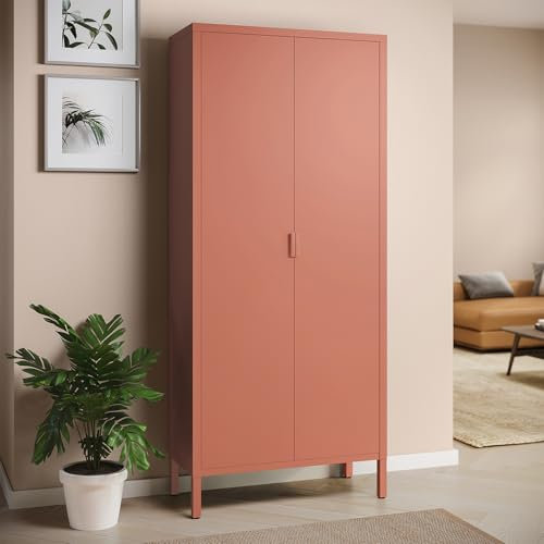 skølm Metallschrank Ituri, Kleiderschrank mit 2 Kleiderstangen, Schlafzimmerschrank Metall terrakotta Garderobenschrank mit 4 Ablagen 170 x 80 x 45 cm