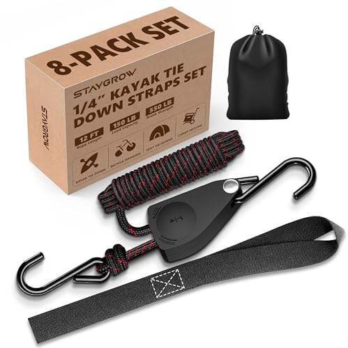 Kayak Straps Tie Downs 8 Pack Set, Adjustable Ratchet Tie Down Straps