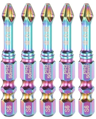 sourcing map 5pcs Impact Phillips Screwdriver Bit PH2 (#2) Anti Slip Teeth Tip 1/4 Hex Shank 2 (50mm) Long Magnetic Cross Screw Driver Colored Titanium Coated S6 Steel Industrial Drill Bits