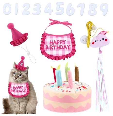 Katzen-Geburtstagsoutfit-Set, Geburtstagsbandana und -hut mit 0-9 Zahlen, Plüsch-Geburtstagstorte und lustiges hängendes Katzenspielzeug mit Catnip, süßes Geburtstagsgeschenk zur Feier (Rosa)