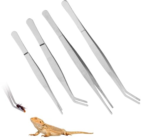 SLSON Reptilien Futterzange, 4 Stück Edelstahl Gerade/Gebogen Pinzette, Stainless Steel Reptile Feeding Tongs, Zubehör zur Fütterung von Reptilien wie Bartagamen und Geckos