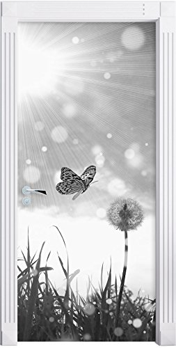 Stil.Zeit Möbel zarter Schmetterling fliegt zu Pusteblume Kunst B&W als Türtapete, Format: 200x90cm, Türbild, Türaufkleber, Tür Deko, Türsticker