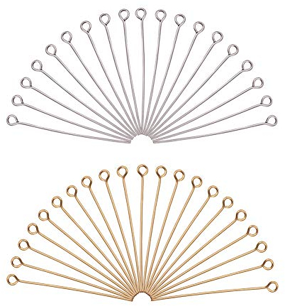 PH PandaHall 160pcs 40mm Épingle à oeil Tige Acier Inoxydable Bijoux, Tige Boucle D'oreille pour la Fabrication de Pendentifs de Boucles D'oreilles de Bijoux, couleur argentée et dorée, Trou: 2mm