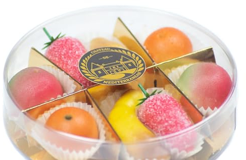 Marzipanfrüchten Runde Geschenkbox mit, Marzipan Fruits Round Gift Box 200g, Chateau de Mediterranean