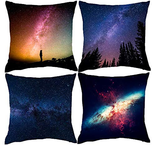 HOSTECCO Galaxie-Kissenbezüge, 40,6 x 40,6 cm, 4 Stück, Universum, Weltraum, dekorative Kissenbezüge, 40 x 40 cm