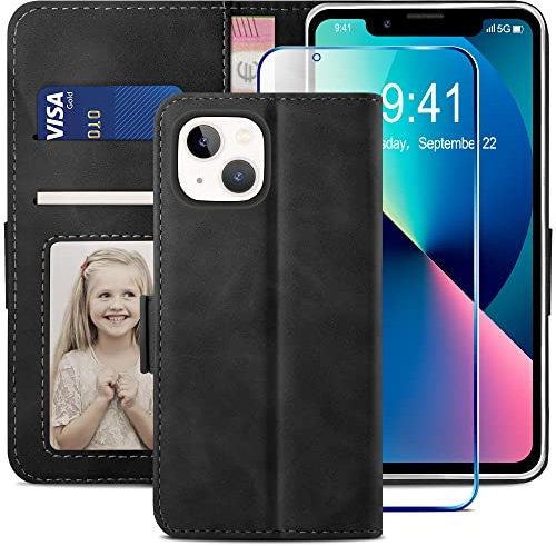YATWIN Kompatibel mit iPhone 13 Hülle und iPhone 13 Handyhülle +1 Stück Panzerglas Schutzfolie, Klapphülle Premium Leder Brieftasche Schutzhülle Handytasche für iPhone 13 Case, Schwarz