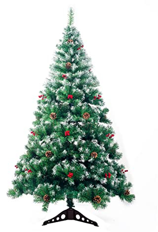 Künstlicher Weihnachtsbaum 150 cm mit Schnee-Effekt und Tannenzapfen - Weihnachtsbaum Metallständer Metall Standfuß Schnee Beeren Rot Grün(P-14561)