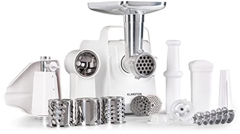 Klarstein Mighty Mince elektrischer Fleischwolf - 500 bis 1361 W Leistung, Fleischwolf elektrisch mit Aufsätzen für Wurst, Kebbe und Pürieren, Tomatenpresse, mit Tragegriffen, weiß