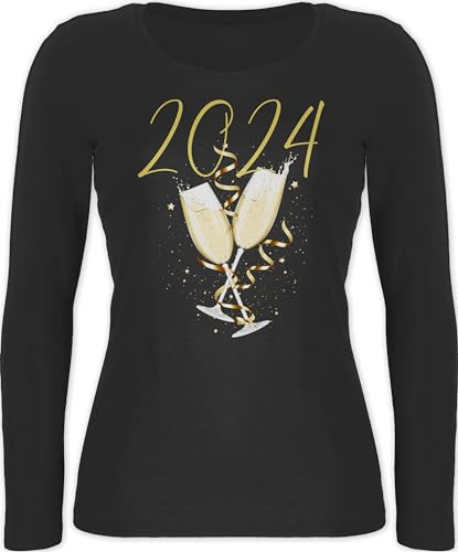 Langarmshirt Damen - Silvester Erwachsene - Sektgläser 2024 - M - Schwarz - New Years Langarm Kleidung Sylvester Party Shirt neujahr silvestergeschenke Silvester, frohes neues Jahr Year Geschenk
