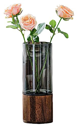Artistic Wood Glass Vase, 10 H, Wooden Base Cylindrical Flower Vase, Classic Boho Rustic Style for Fireplace Bedroom Kitchen Living Room Centerpieces Office Desk