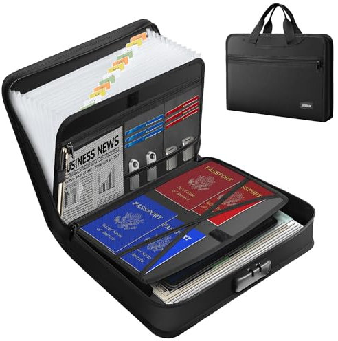 JUNDUN Fireproof Document Organiser, Important Document Folder with Lock & Handle - 13 Pockets Portable Paperwork Organiser with Labels & Zipper for A4 Files Storage and More(Black)