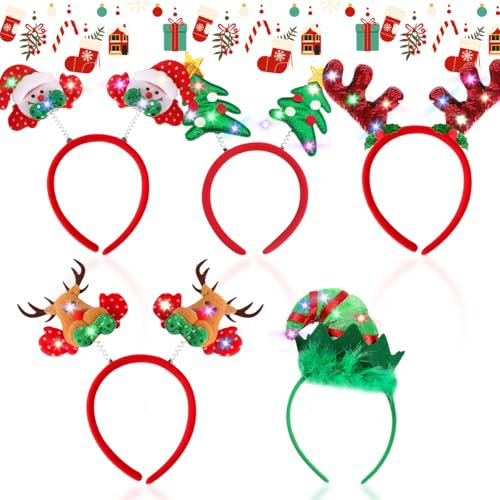 Bandeau de Noël Fête 5 Pièces,Serre-Têtes de NoëL,Bandeaux de Noël,Bandeau de Noël,Bandeaux Décoratifs de Noël,Serre Tete Noel Lumineux LED,Enfant Adulte Noël Décorations Fête Accessoires Coiffure