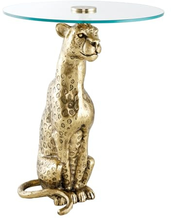 Riess Ambiente Runder Beistelltisch Wildlife Panther - 60cm - Gold antik - Metall Glas - Skulptur Handmade Wohnzimmertisch