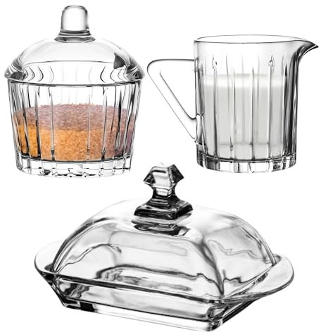 SOLAVIA Clear Glass Sugar Bowl Dish and Milk Jug Creamer Buter Dish Set 210ml and 200ml Home Kitchen Breakfast and Breakfast Student Essential Venus