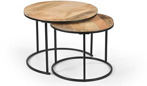iAnanas 2er Set runder Couchtische runde Beistelltische Mangoholz Eisen modernes rustikales Design platzsparende Akzentmöbel vielseitige Tische Wohnzimmer Schlafzimmer Kaffeetisch, Wohnzimmertisch